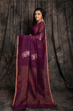 Linen  Sliver Zari Hibiscus Jamdani In Magenta Colour