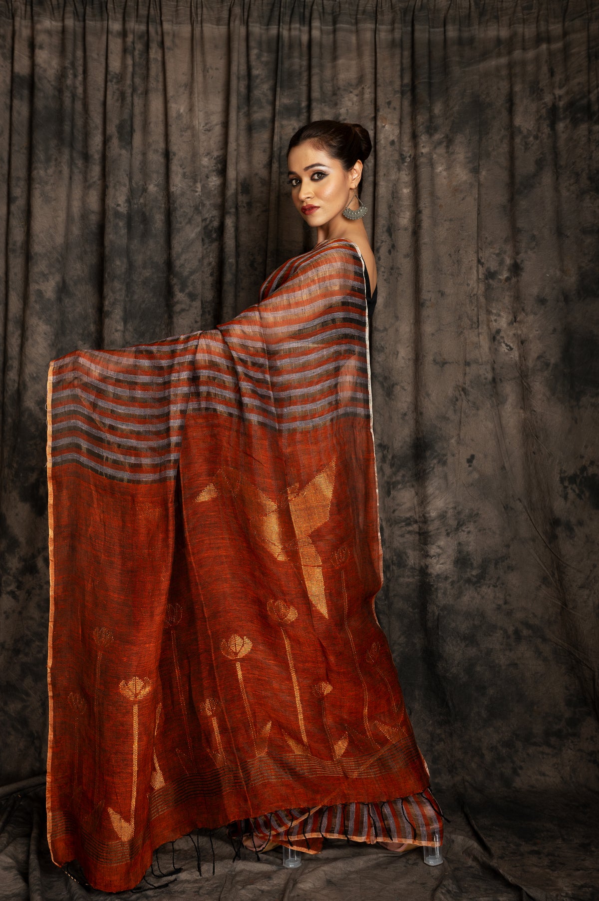 Linen  Stripe Jamdani In Orange Colour