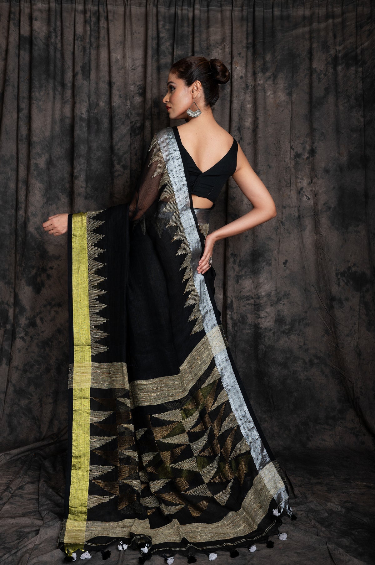 Linen Temple  Geometric Jamdani In Black Colour