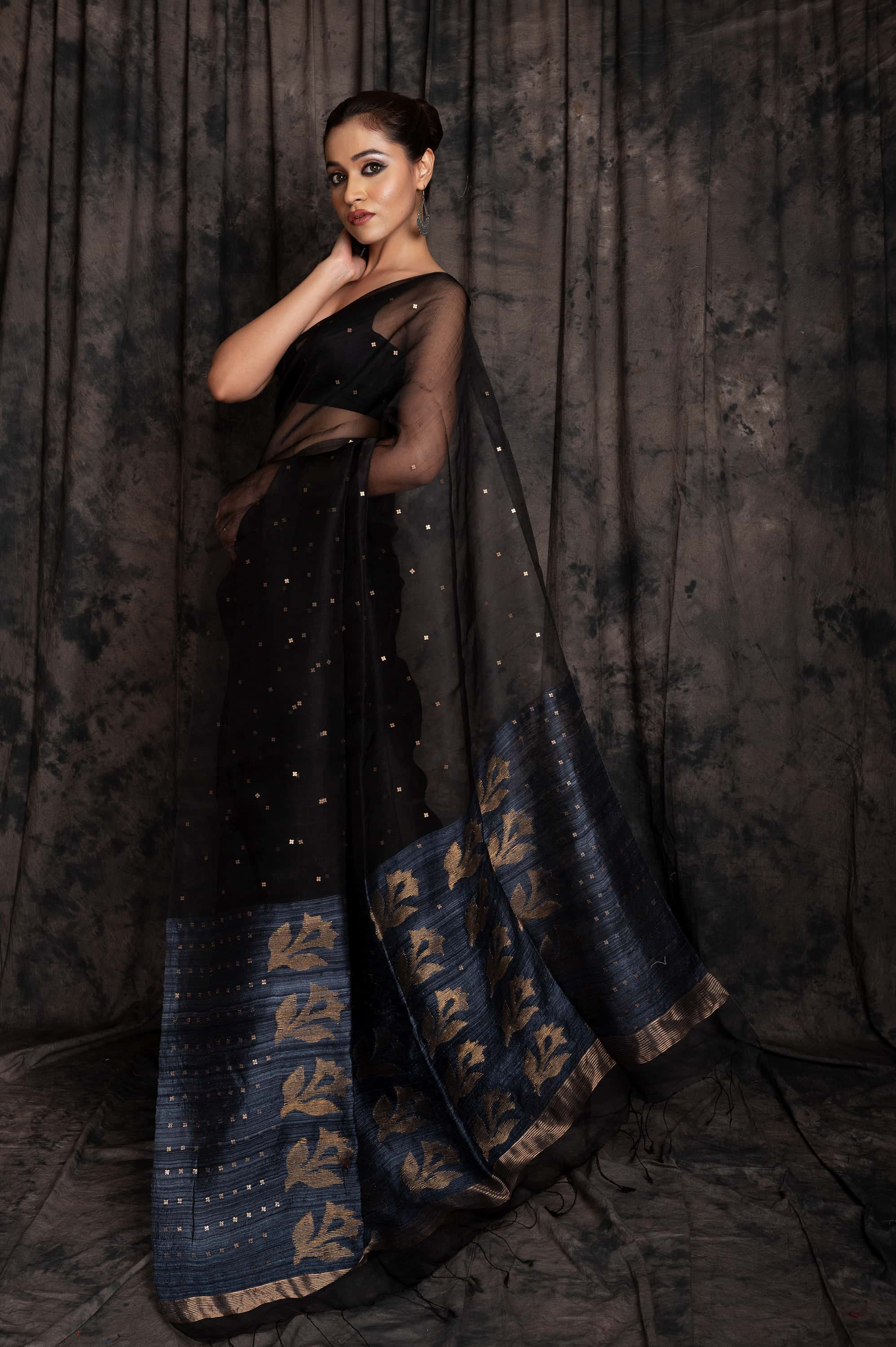 Resham/muslin Sequin Jamdani In Black Colour