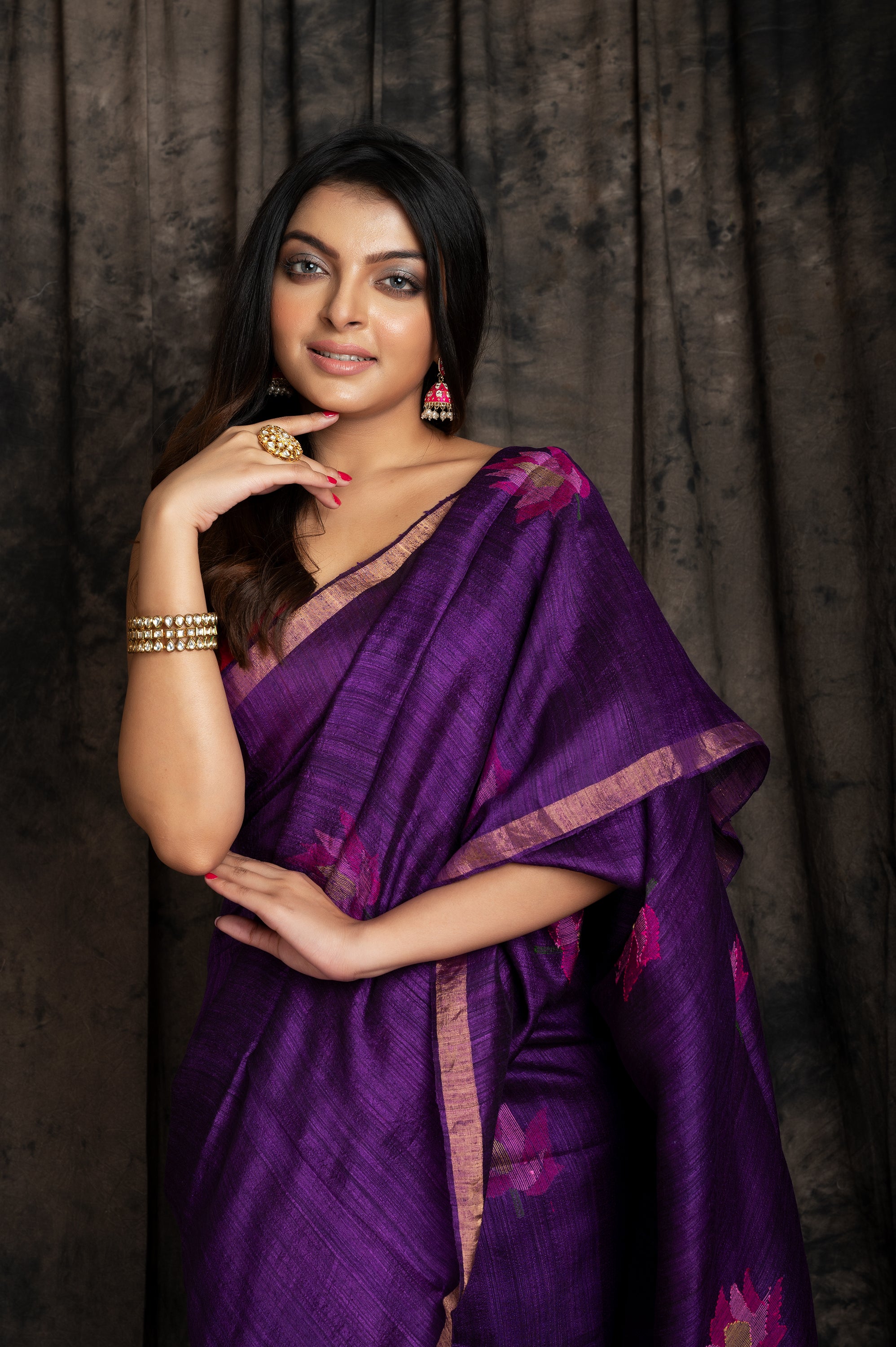 Matka  Pink Lotus Jamdani In Purple Colour