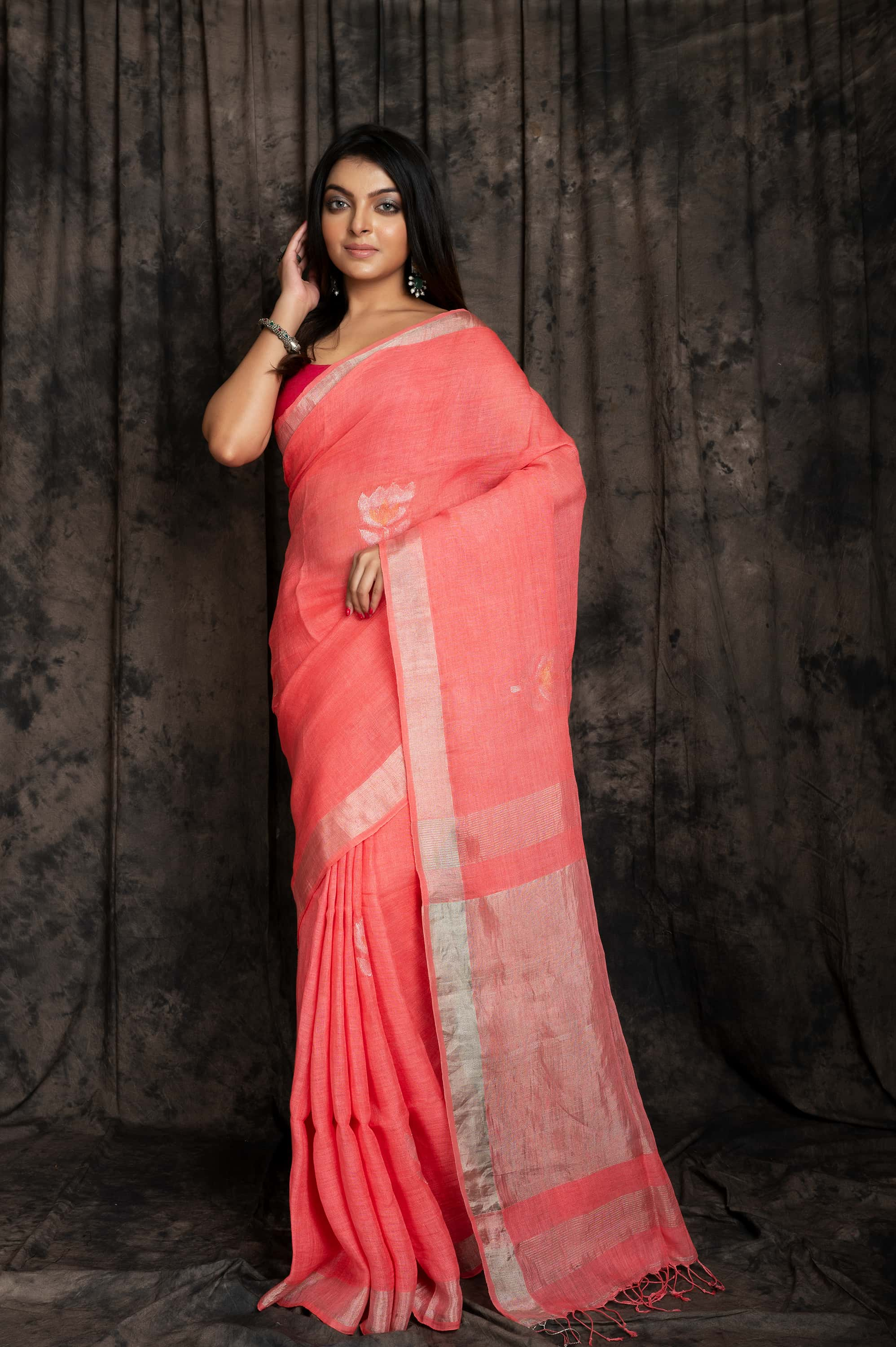 Linen  Sliver Meena Jamdani In Pink Colour