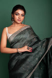 Silk Linen Sequins Pallu Jamdani In Green