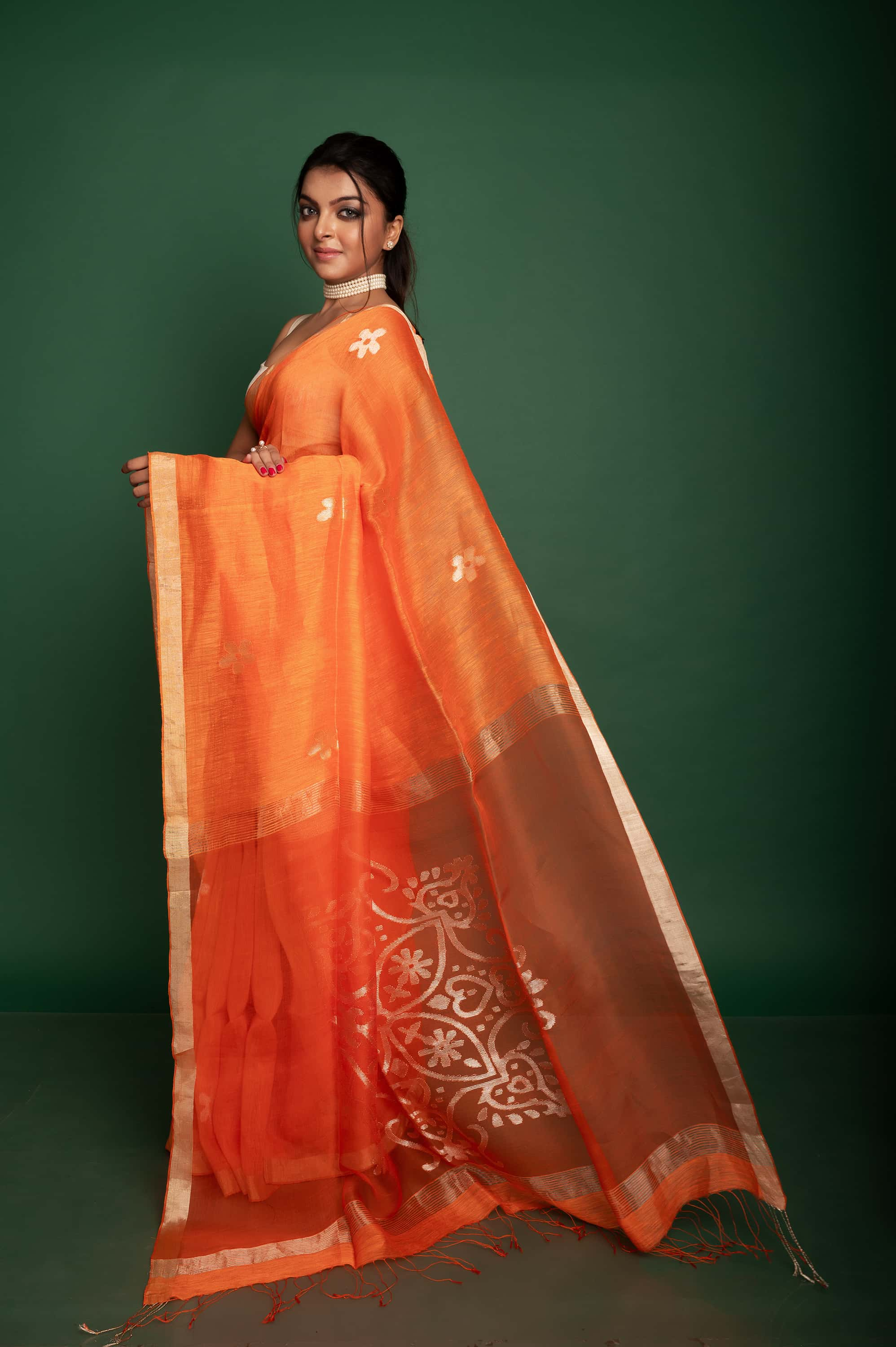 Silk Linen Alpona Jamdani In Orange Colour