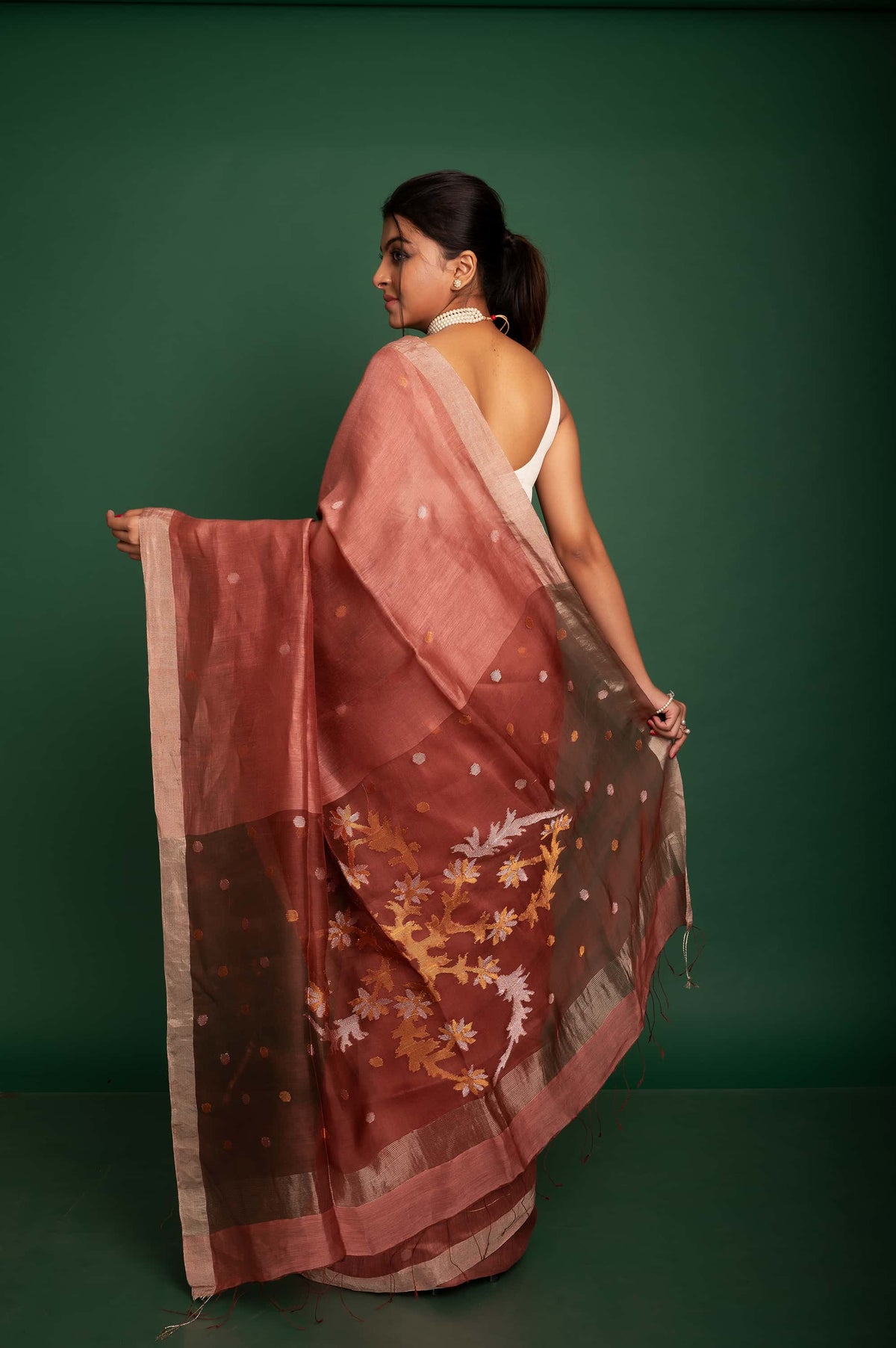 Silk Linen All Over Ball  Jamdani In Brown Colour