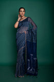 Linen Stripe Pallu  Bird Jamdani In Blue Colour