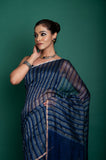 Linen Stripe Pallu  Bird Jamdani In Blue Colour