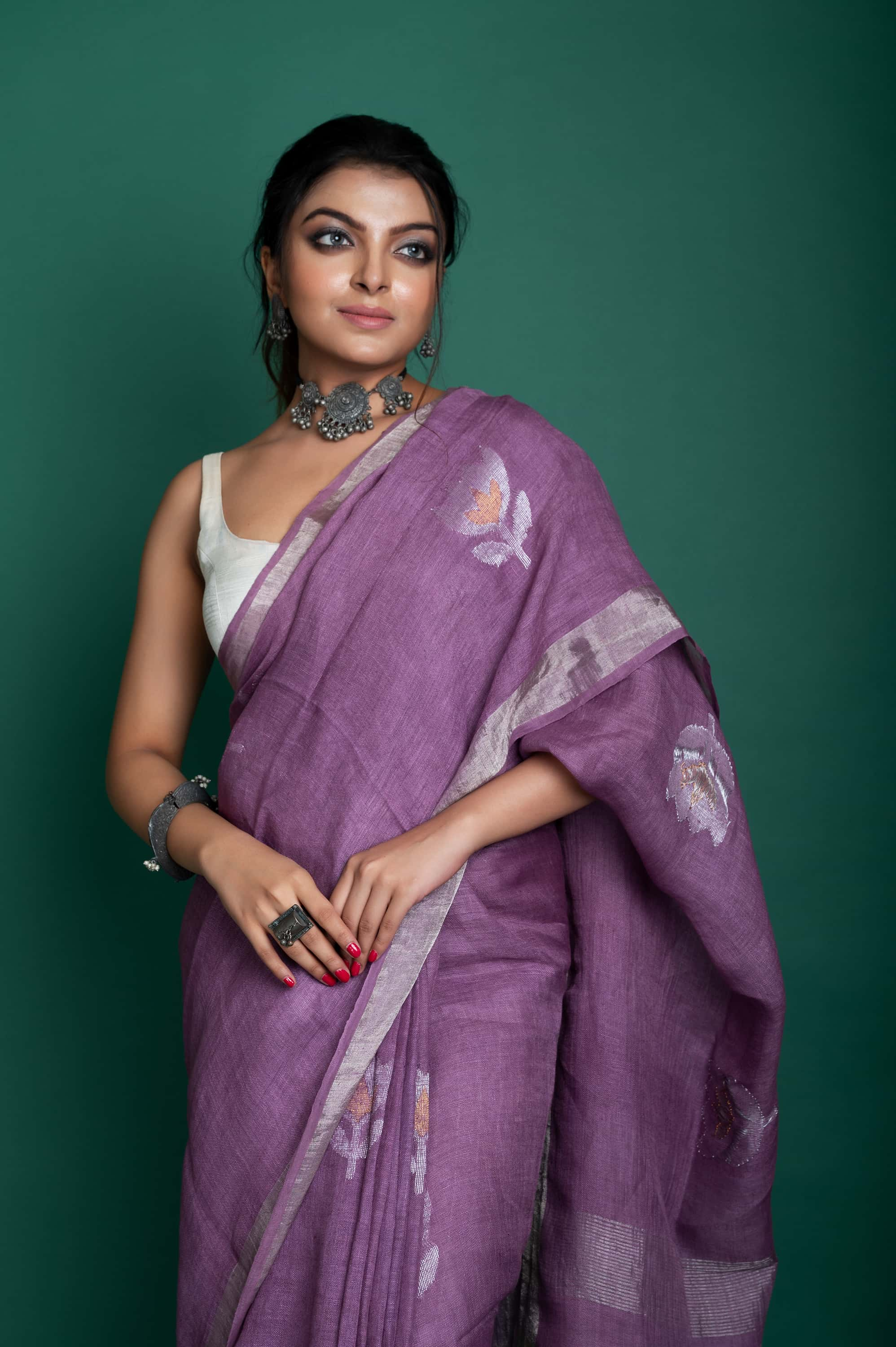 Linen Silver Zari  Meena Jamdani In Lavender Colour