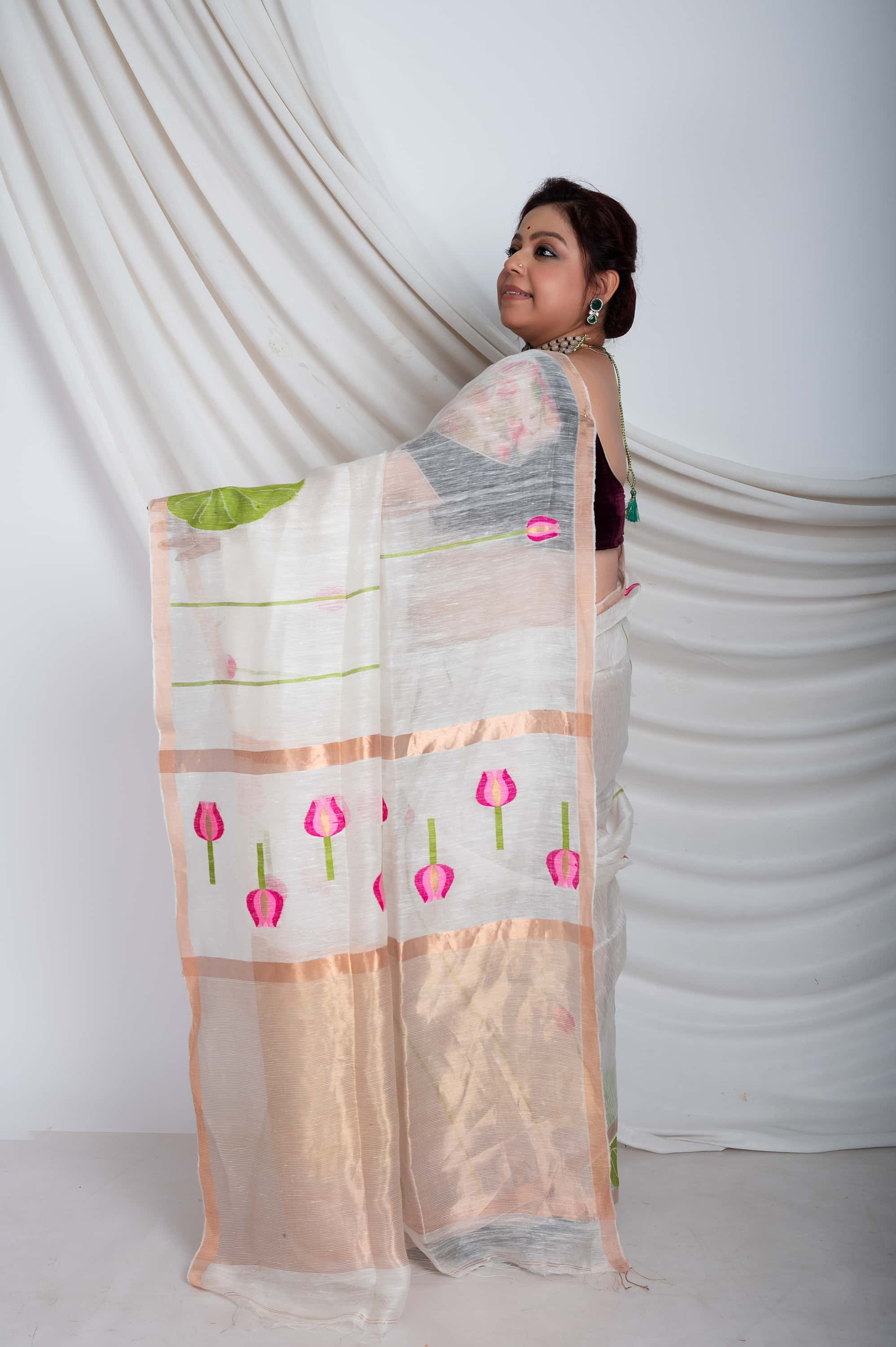 Silk Linen Lotus Jamdani In White Colour