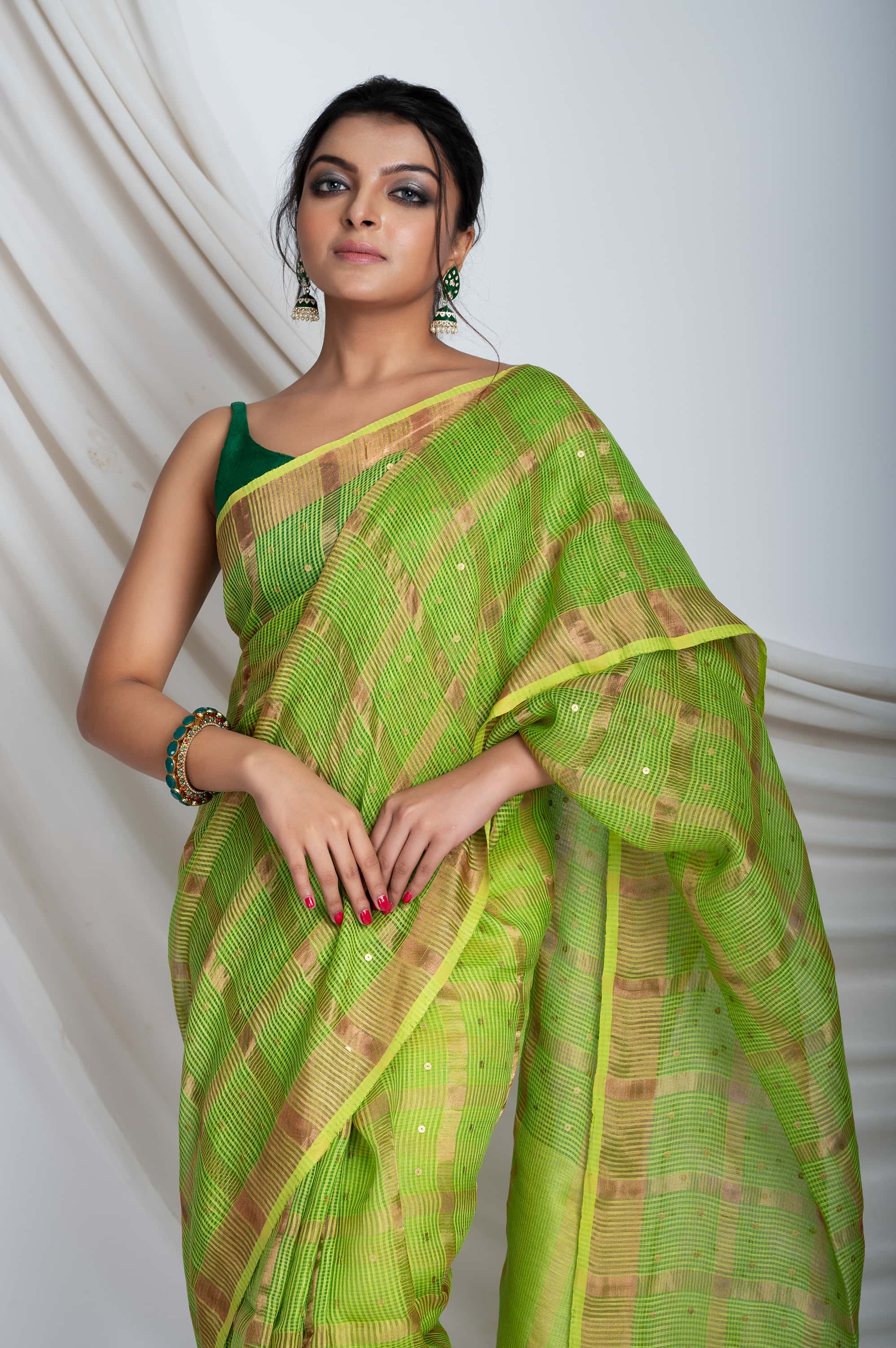 Silk Linen Kota Sequin In Green Colour