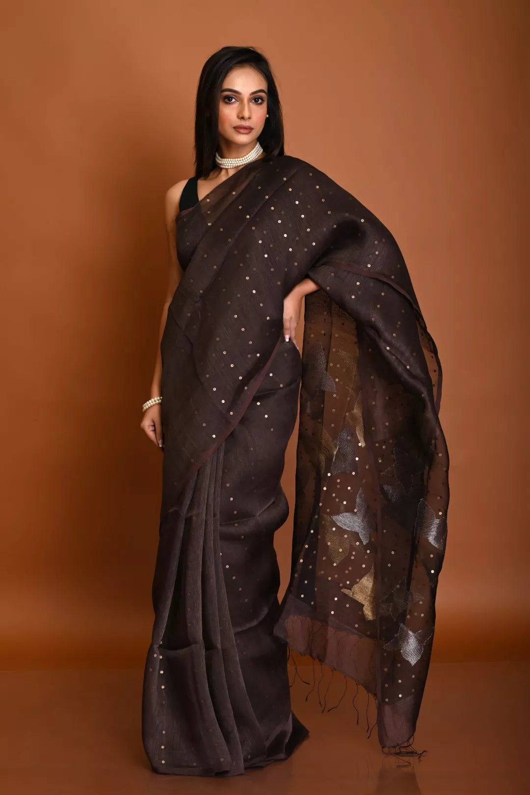 PURE SILK LINEN SEQUINCE PALLU BUTTERFLY JAMDANI