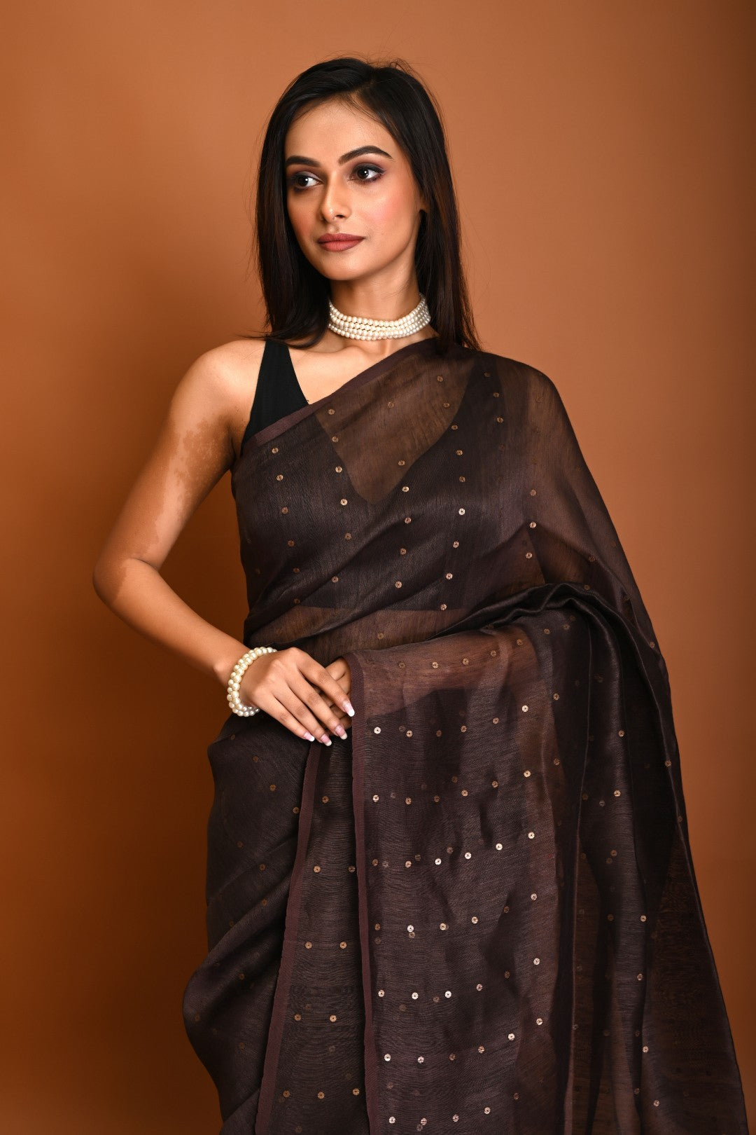 PURE SILK LINEN SEQUINCE PALLU BUTTERFLY JAMDANI