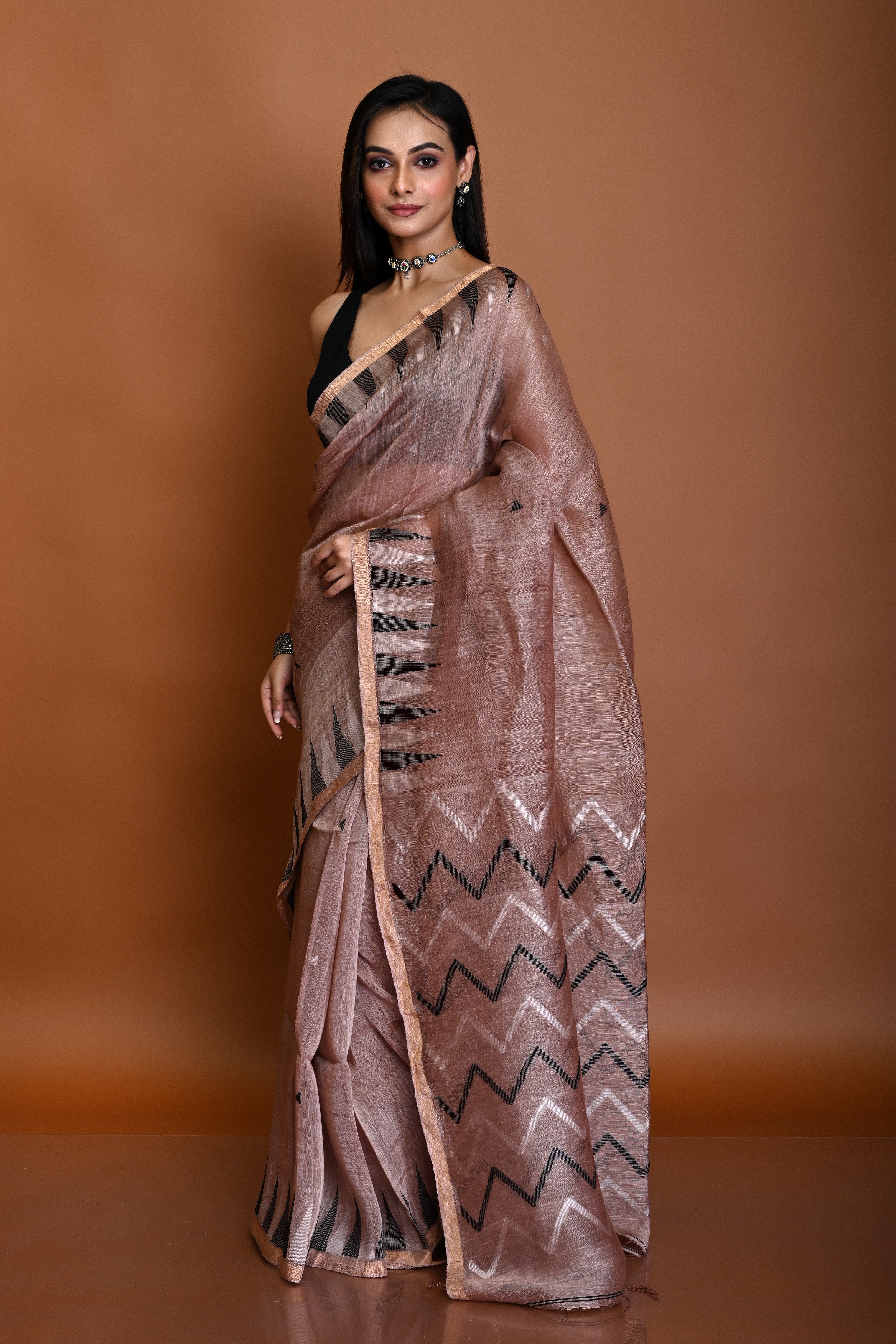 PURE SILK LINEN JAMDANI SAREE - TEMPLE WEAVING