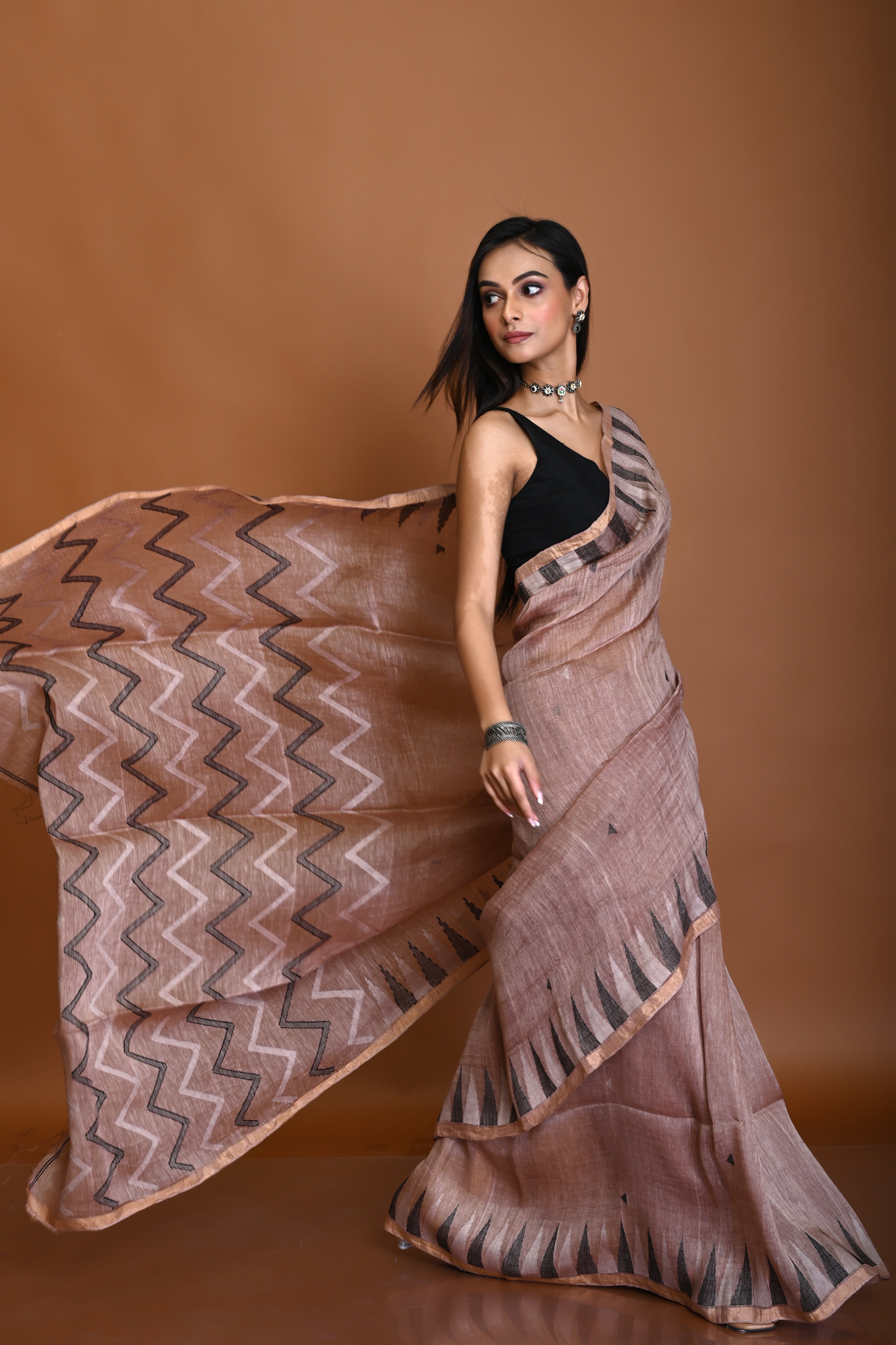 PURE SILK LINEN JAMDANI SAREE - TEMPLE WEAVING