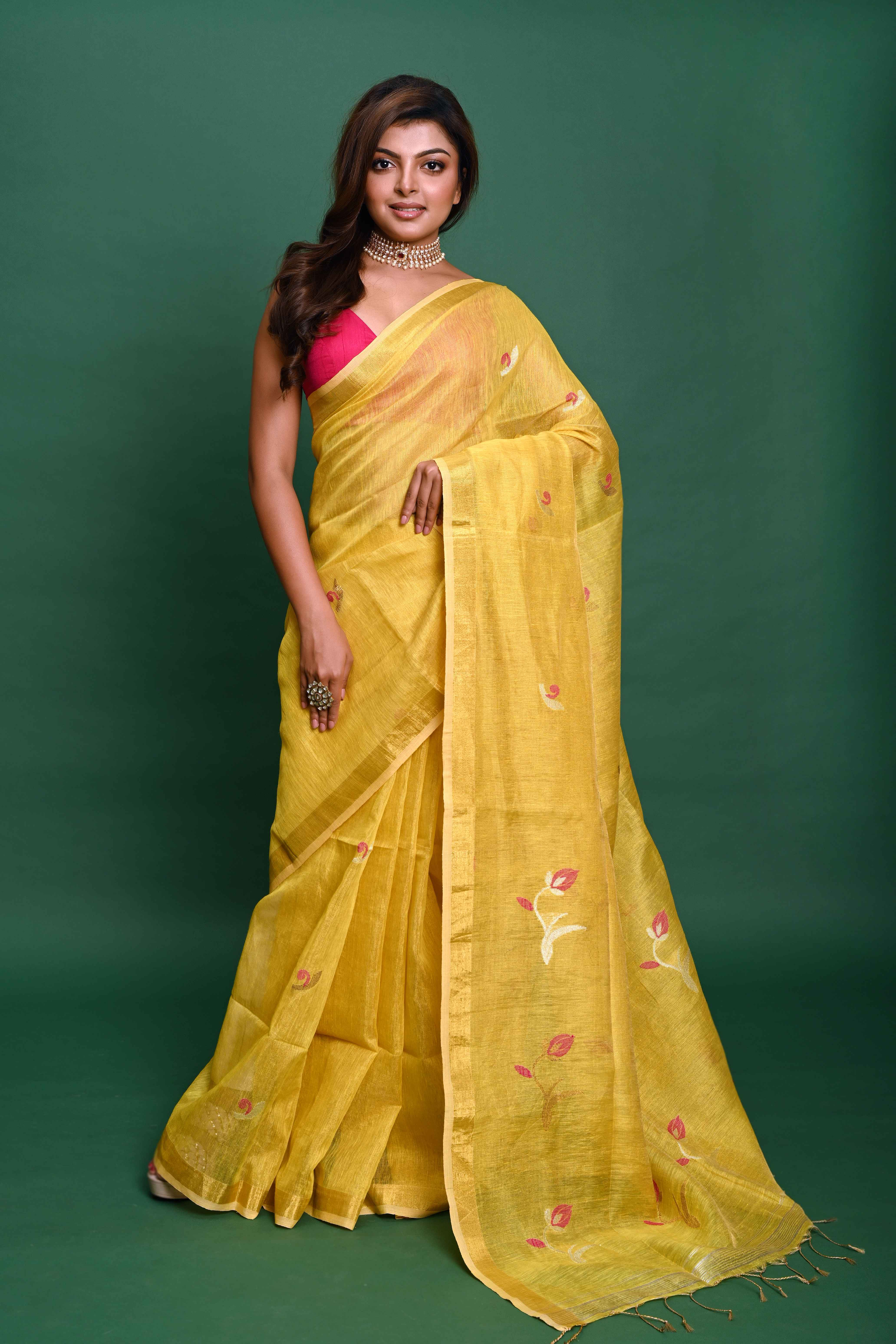 TISSUE SILK LINEN TULIP JAMDANI  Saree