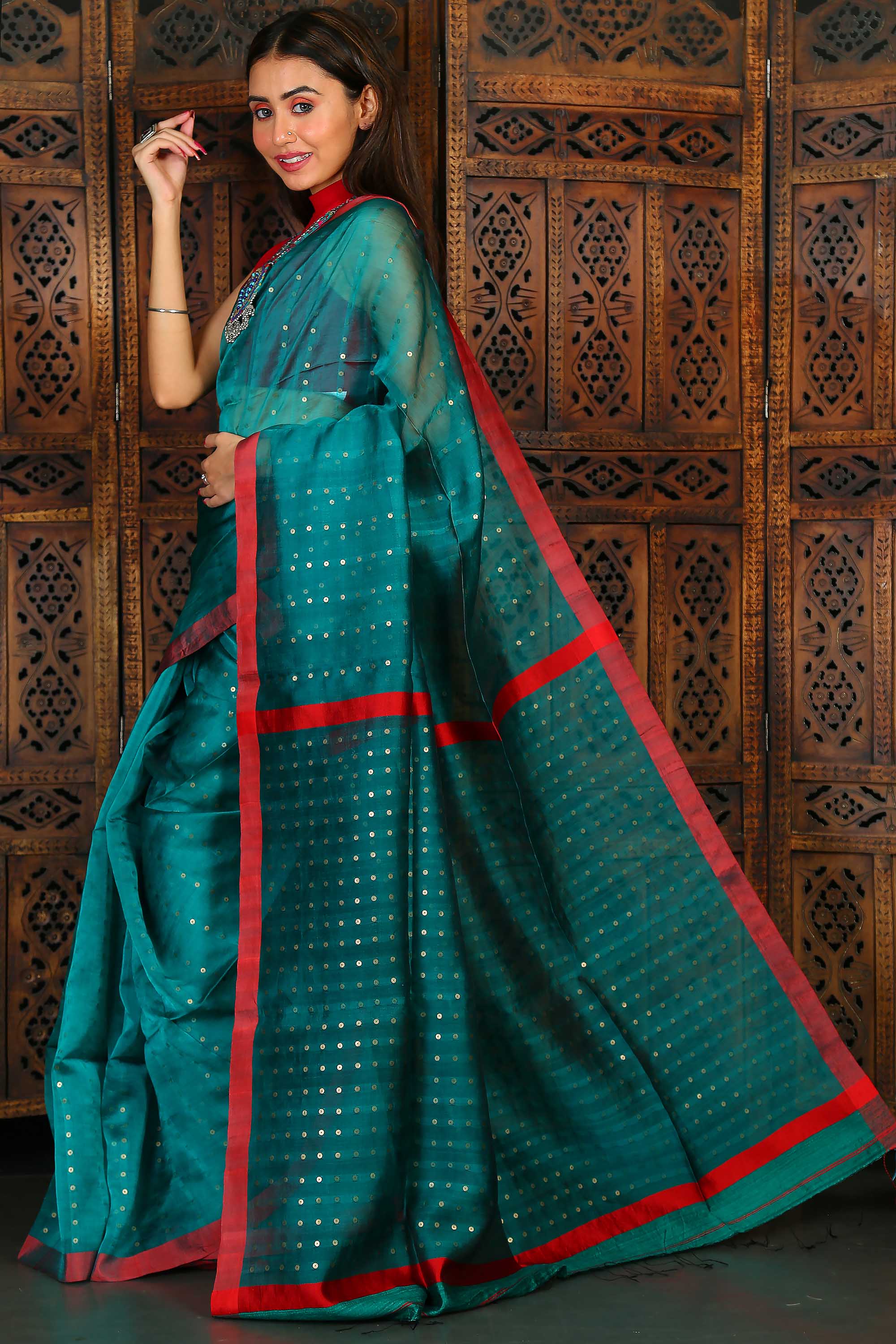 Pure Resham Allover  Sequins In Teal Blue Colour