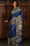 Pure Zari Tussar Hand Block Print In Greyish Blue Colour