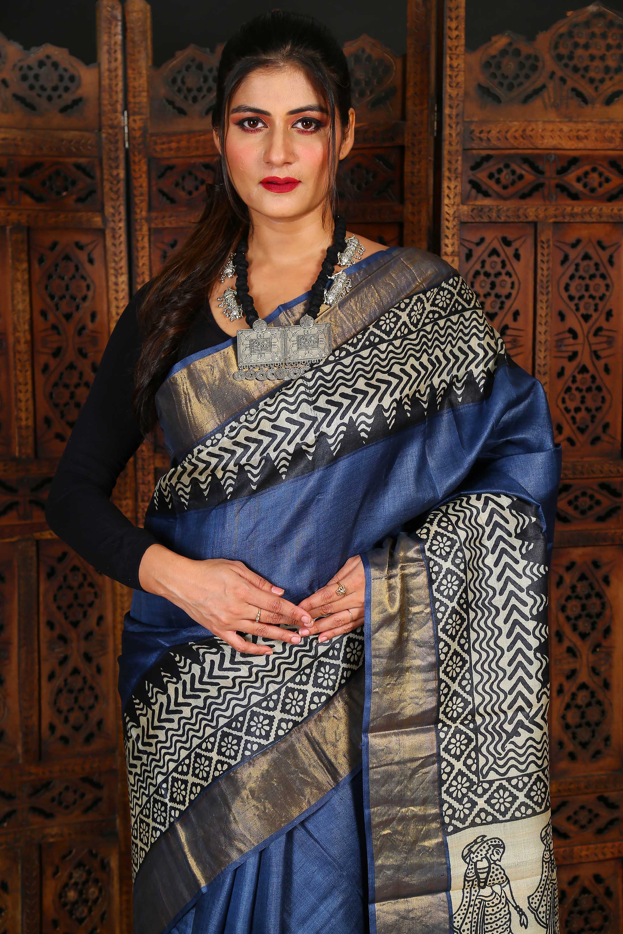 Pure Zari Tussar Hand Block Print In Greyish Blue Colour