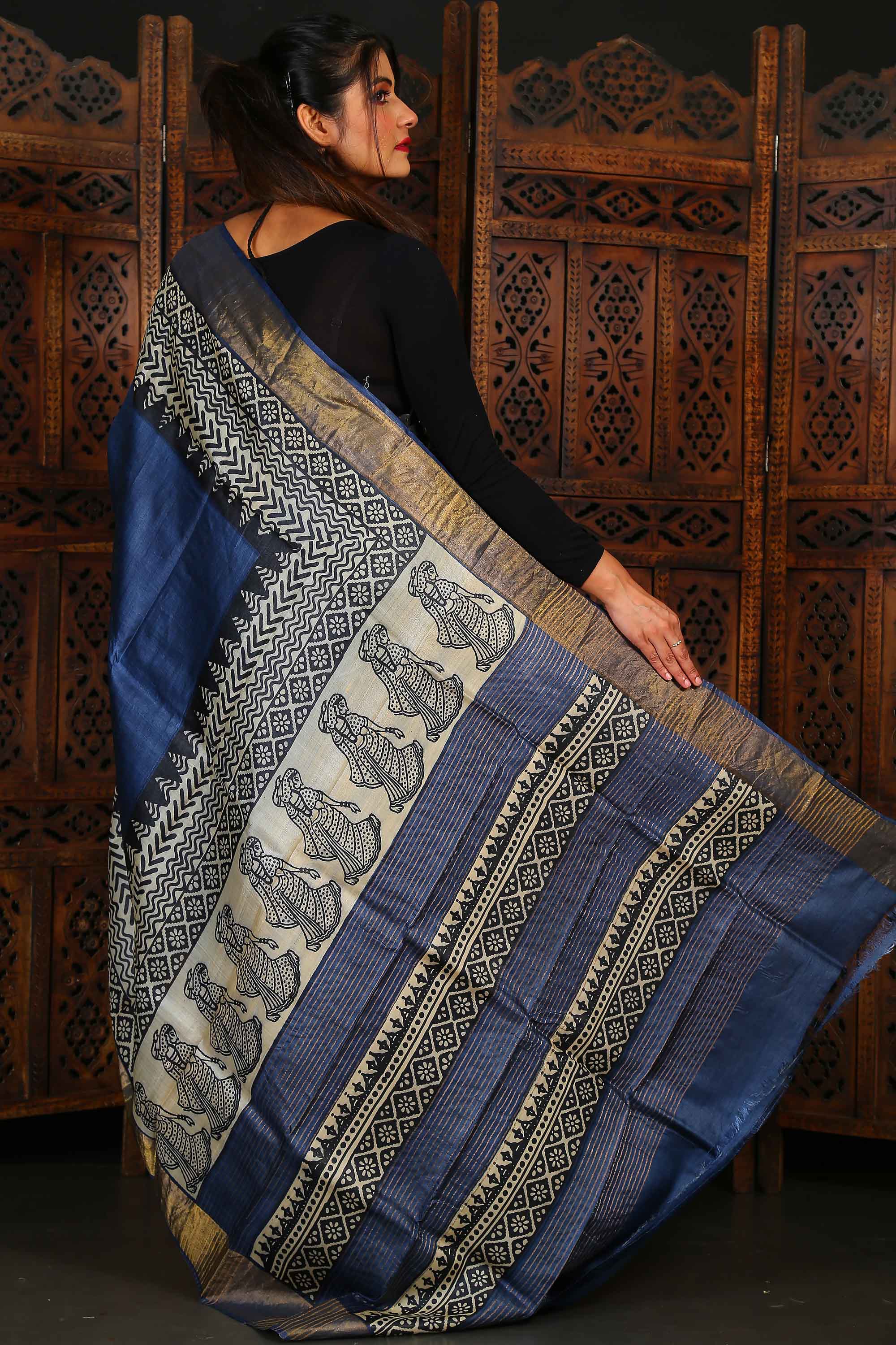 Pure Zari Tussar Hand Block Print In Greyish Blue Colour