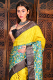 Pure Zari Tussar Fish Hand Block Printing In Yellow Colour