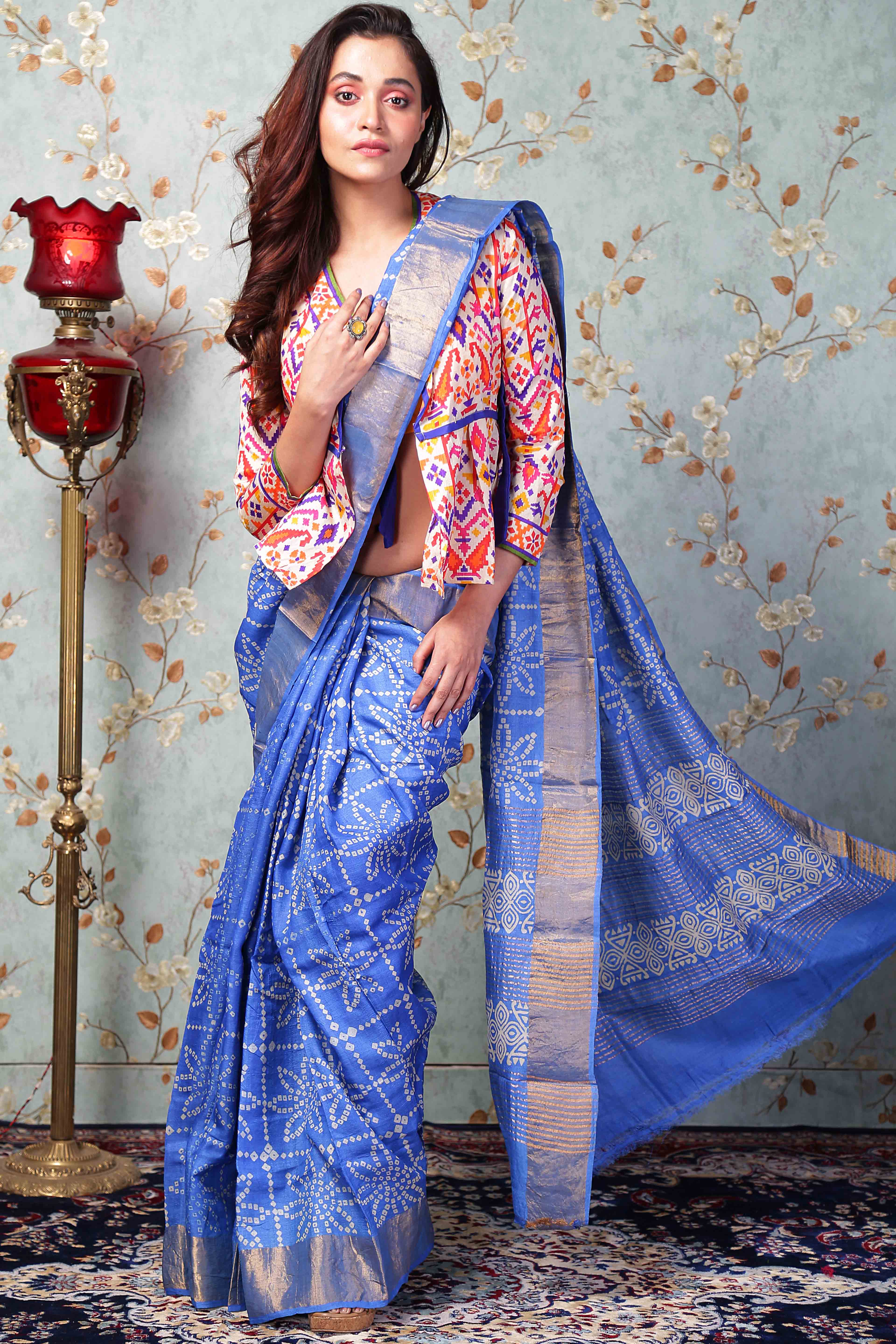 Pure Zari Tussar  Bandhej Hand Block Print In Blue Colour