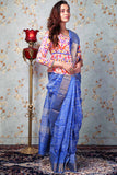 Pure Zari Tussar  Bandhej Hand Block Print In Blue Colour