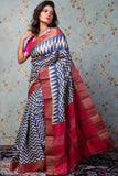 Pure Zari Tussar Zig Zag Chevron And Block Print In Blue Colour