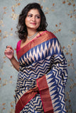 Pure Zari Tussar Zig Zag Chevron And Block Print In Blue Colour