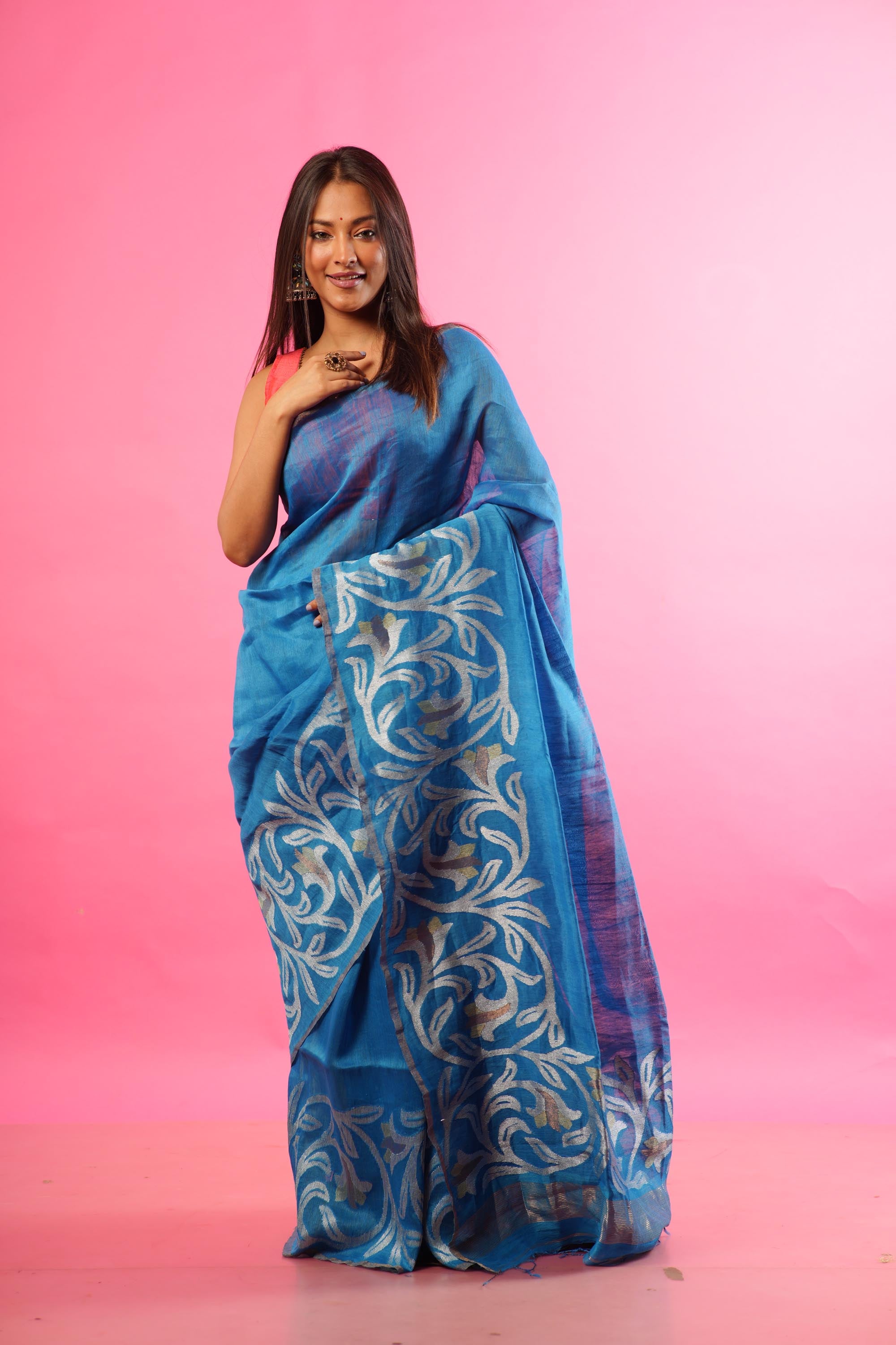 Pure Silk Linen One Side Jamdani In Turquoise Blue Colour