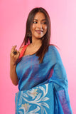 Pure Silk Linen One Side Jamdani In Turquoise Blue Colour