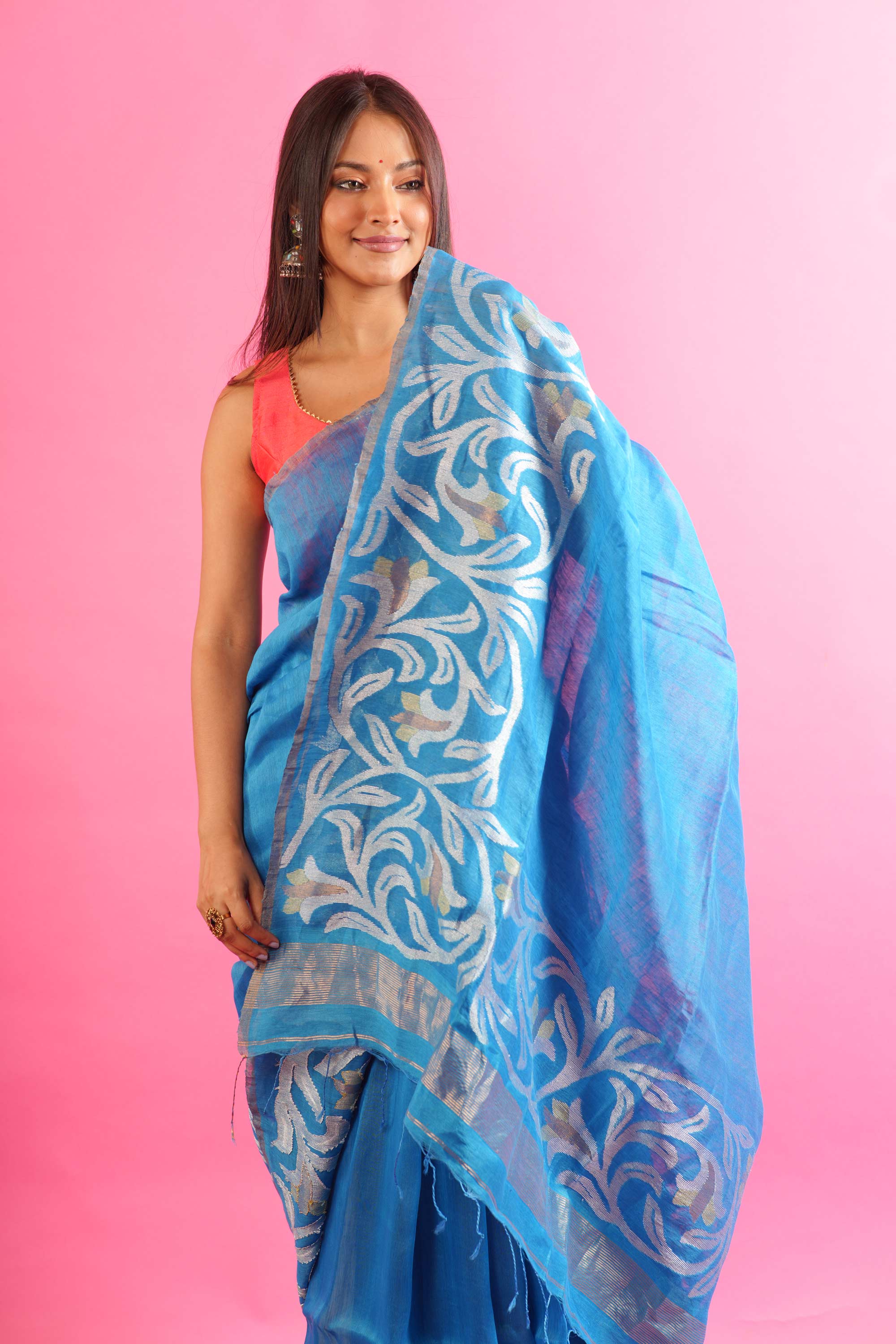 Pure Silk Linen One Side Jamdani In Turquoise Blue Colour