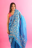 Pure Silk Linen One Side Jamdani In Turquoise Blue Colour