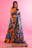 Pure Zari Tussar  Kalamkari Print In Blue Colour