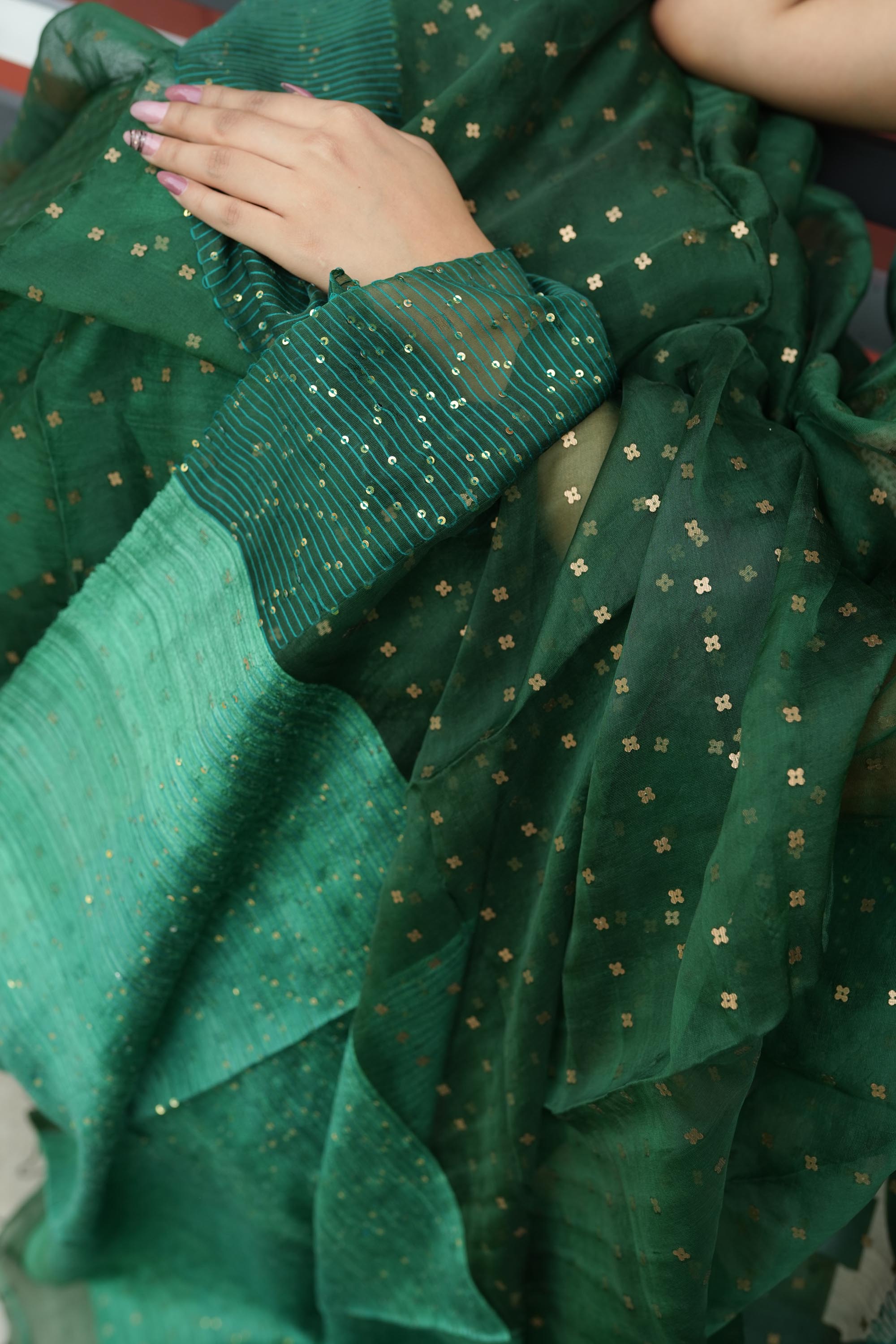 Pure Resham Border Sequins In  Green Colour